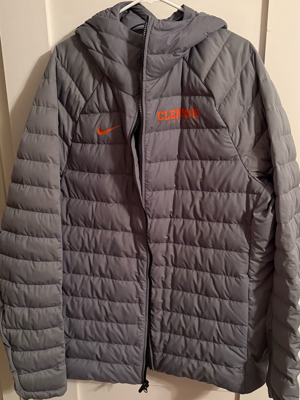 NWOT Nike Gray Hooded Puffer with Orange “Clemson Basketball” Logo
